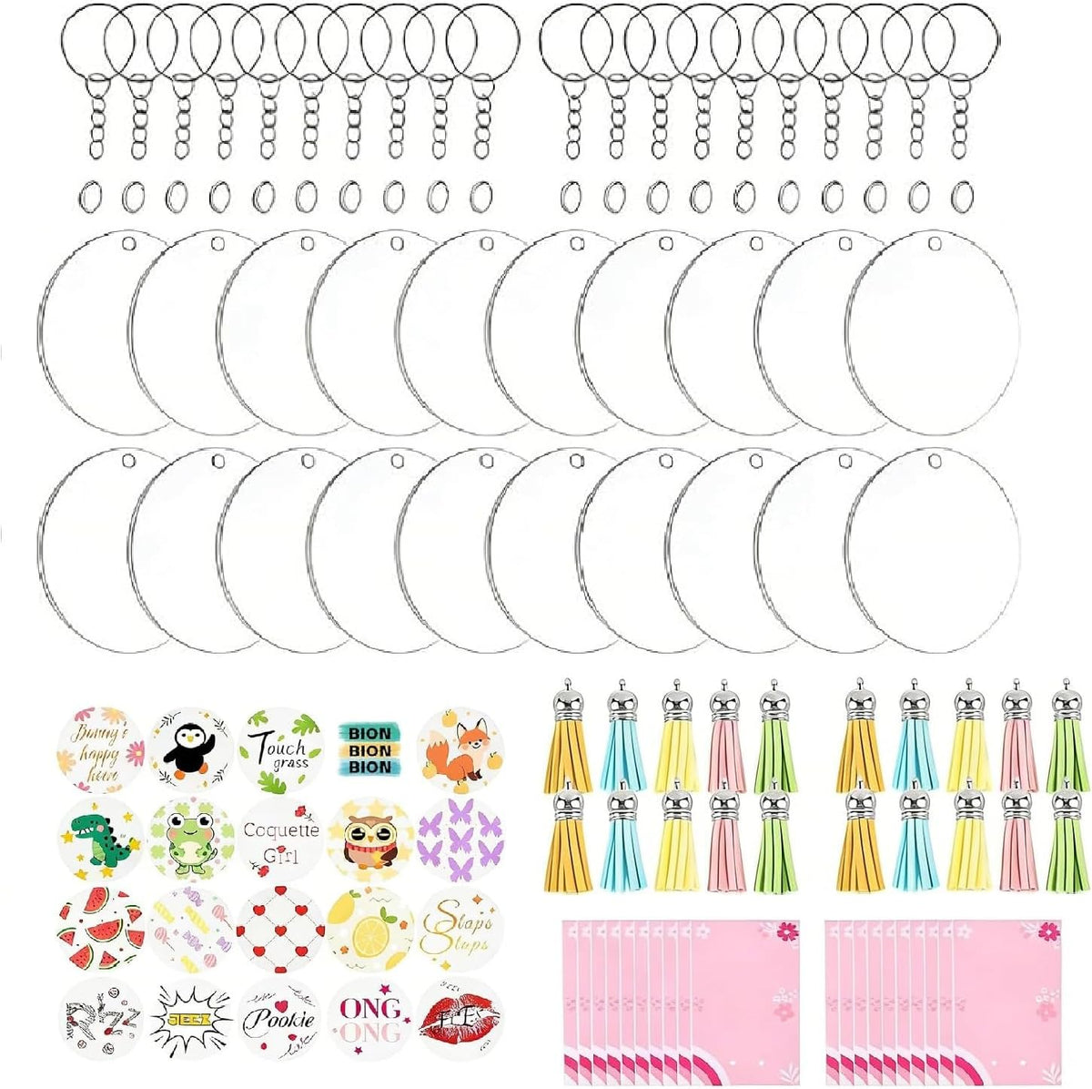 Acrylic Keychain Blanks Kit 140 Pcs Key Chain with Stickers