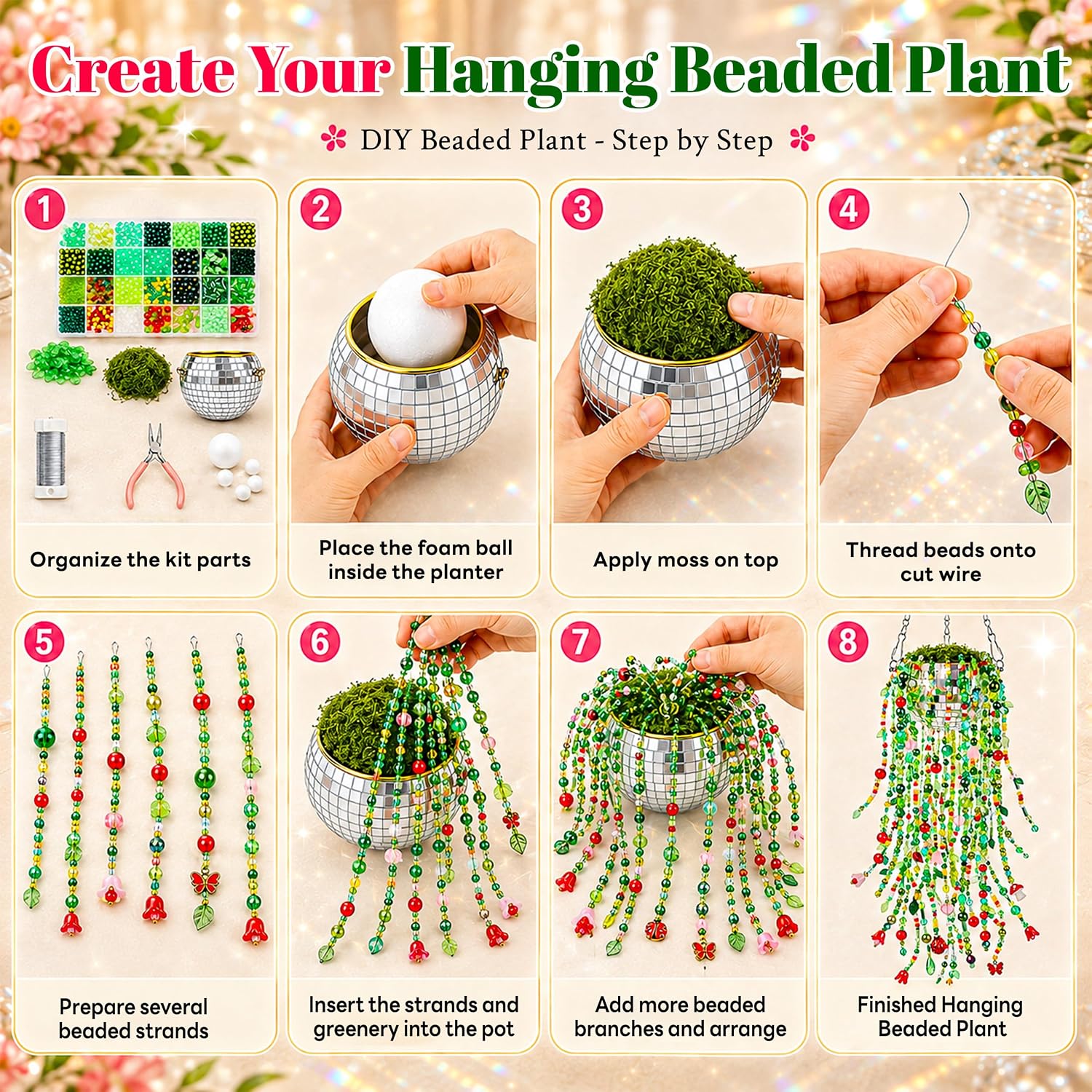Beaded Plant Kit with Disco Flowerpot Crystal Beads and Instruction