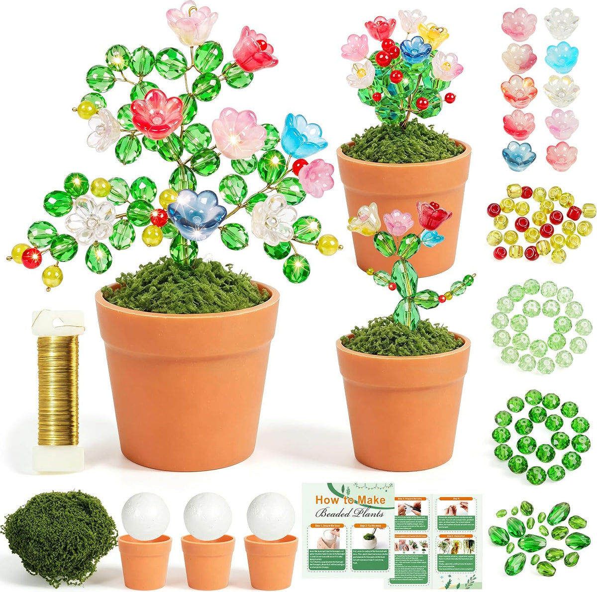 3 PCS Beaded Plant Kit with Glass Crystal Beads and Instruction