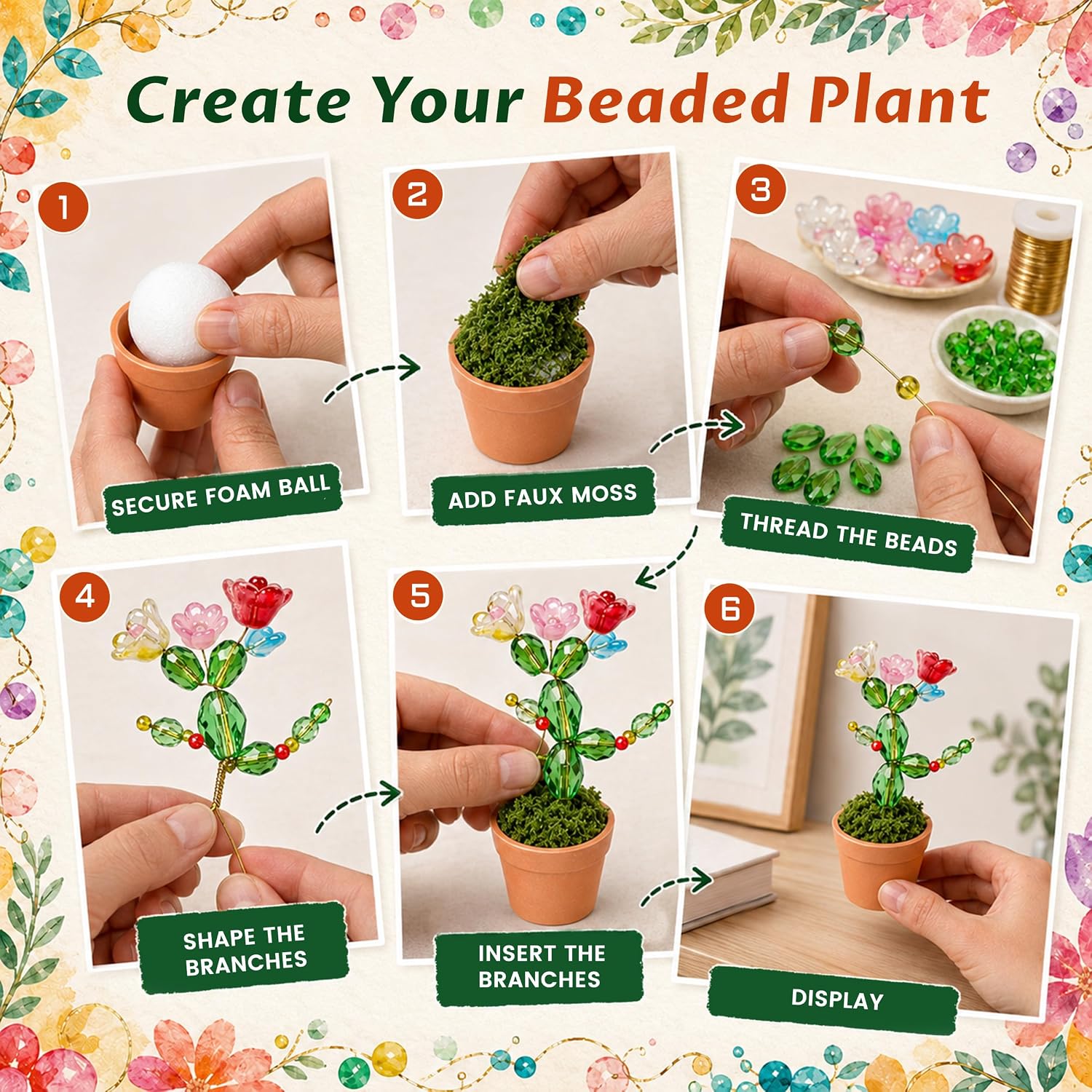 3 PCS Beaded Plant Kit with Glass Crystal Beads and Instruction