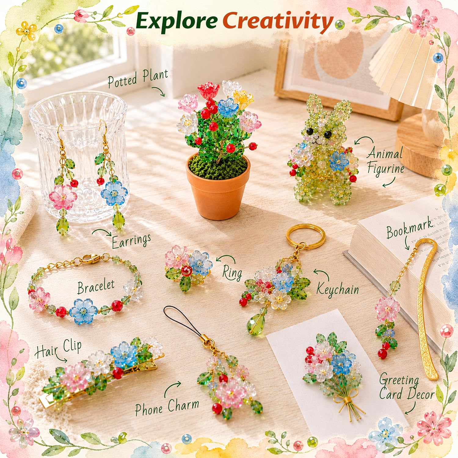 3 PCS Beaded Plant Kit with Glass Crystal Beads and Instruction