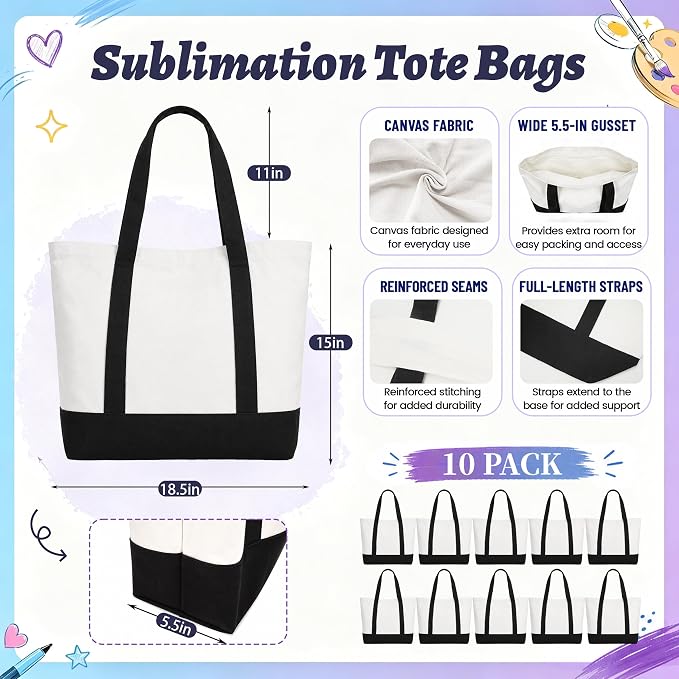 10 Pack Large Canvas Tote Bags 18.5 x 15 x 5.5 in Long Handle