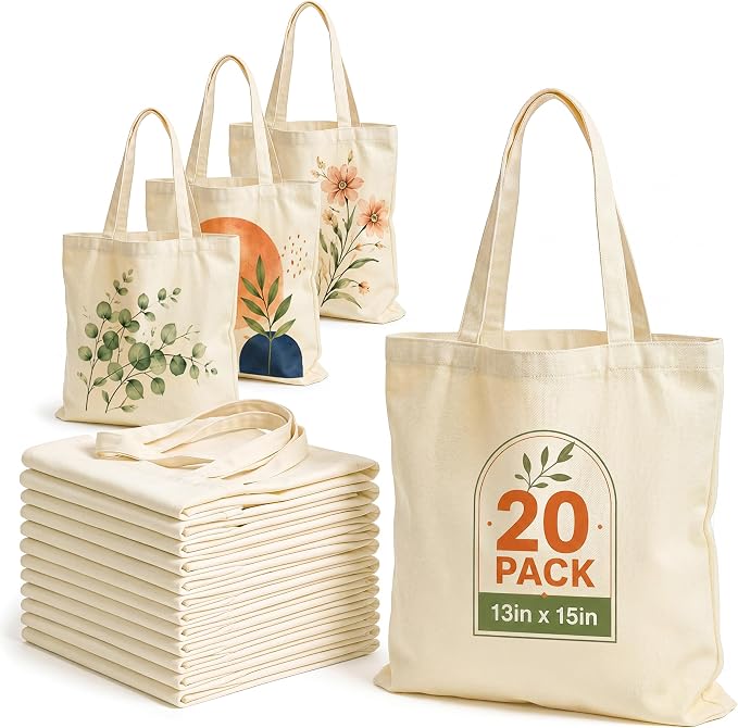 20 Pack Canvas Tote Bags Bulk – 13 x 15 Inch, Natural