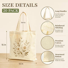 20 Pack Canvas Tote Bags Bulk – 13 x 15 Inch, Natural