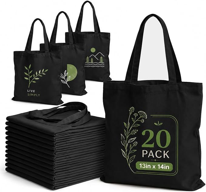 20 Pack Canvas Tote Bags Bulk – 13 x 15 Inch, Black