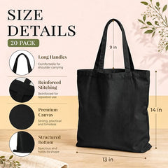 20 Pack Canvas Tote Bags Bulk – 13 x 15 Inch, Black