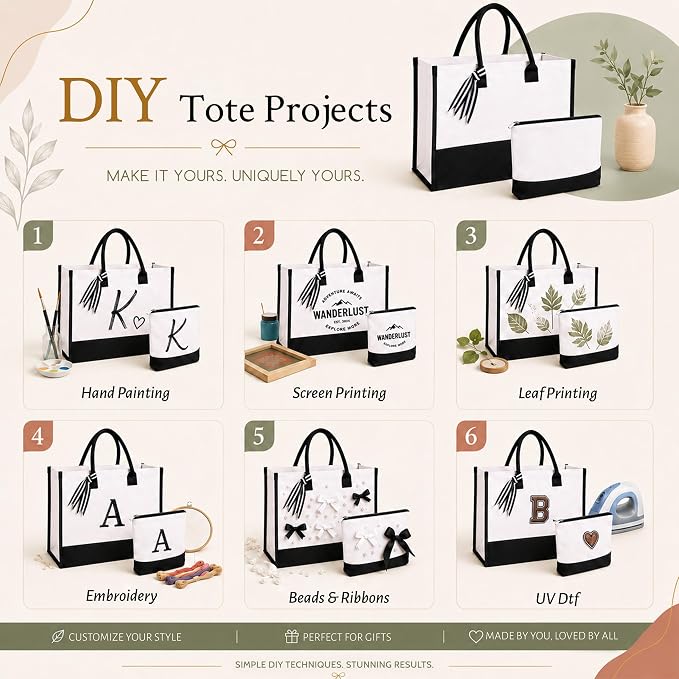 12 PCS Personalized Canvas Tote Bags Bulk with Makeup Bags
