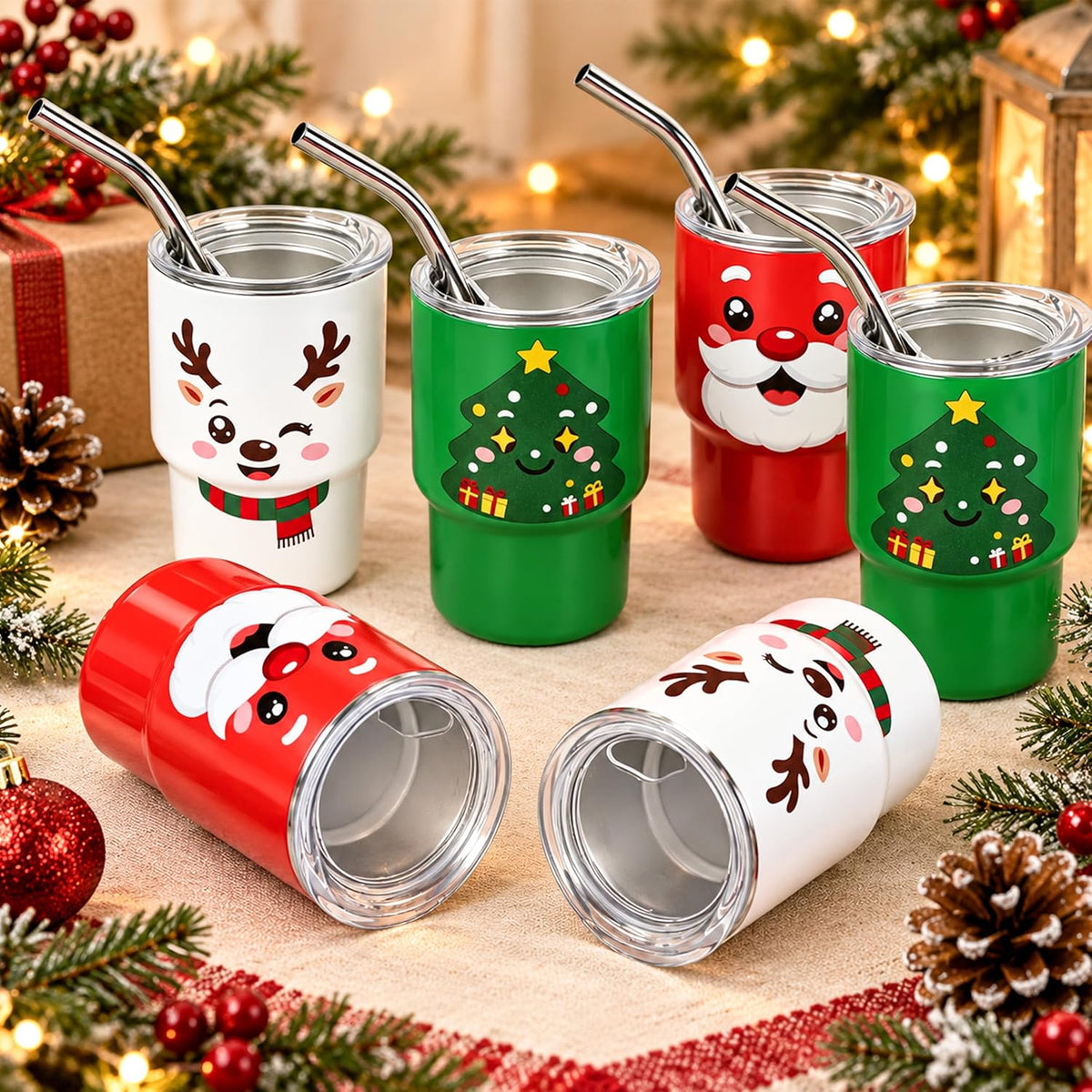 Christmas Mini Tumbler 6 Pack,3oz Shot Glasses with Lids and Straws
