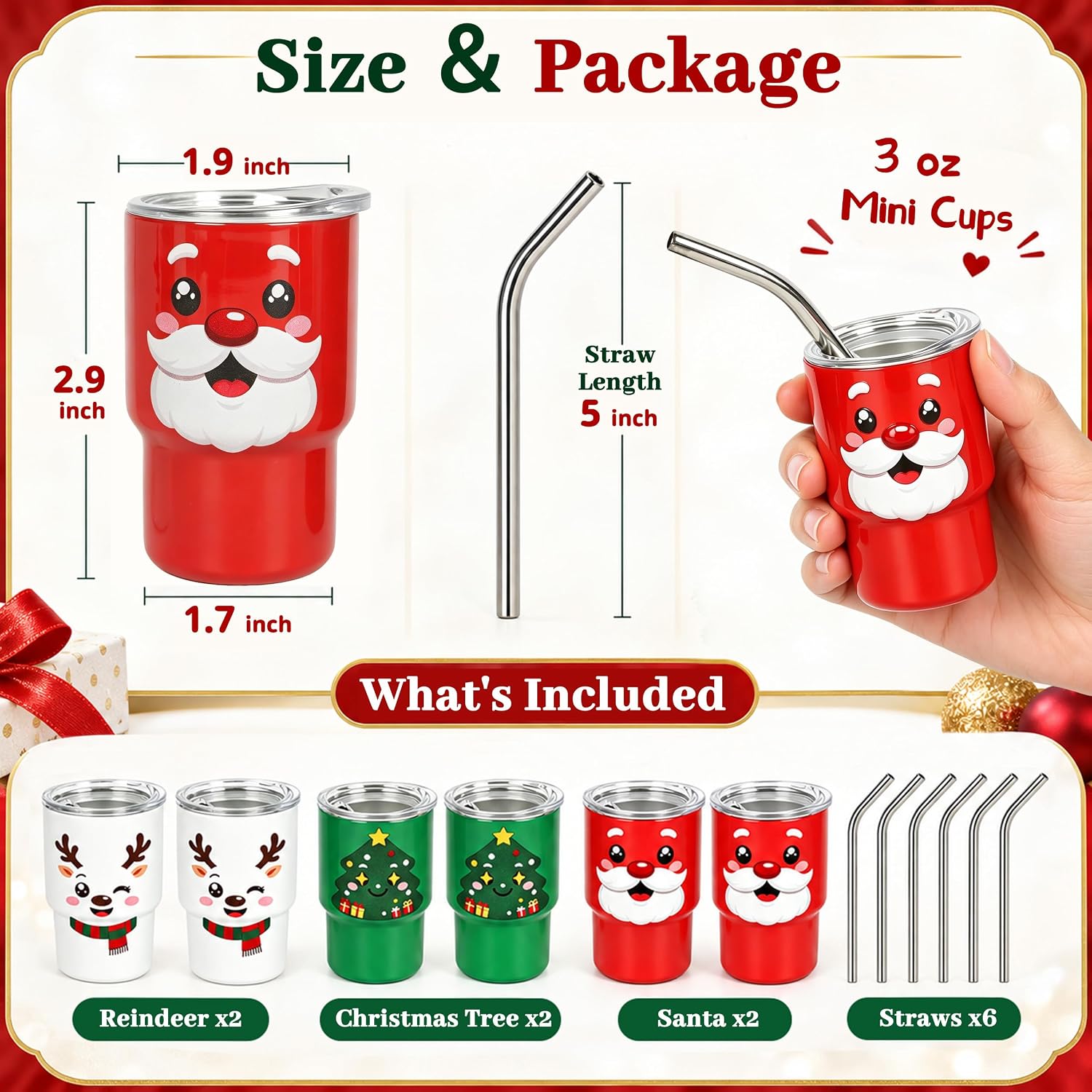 Christmas Mini Tumbler 6 Pack,3oz Shot Glasses with Lids and Straws