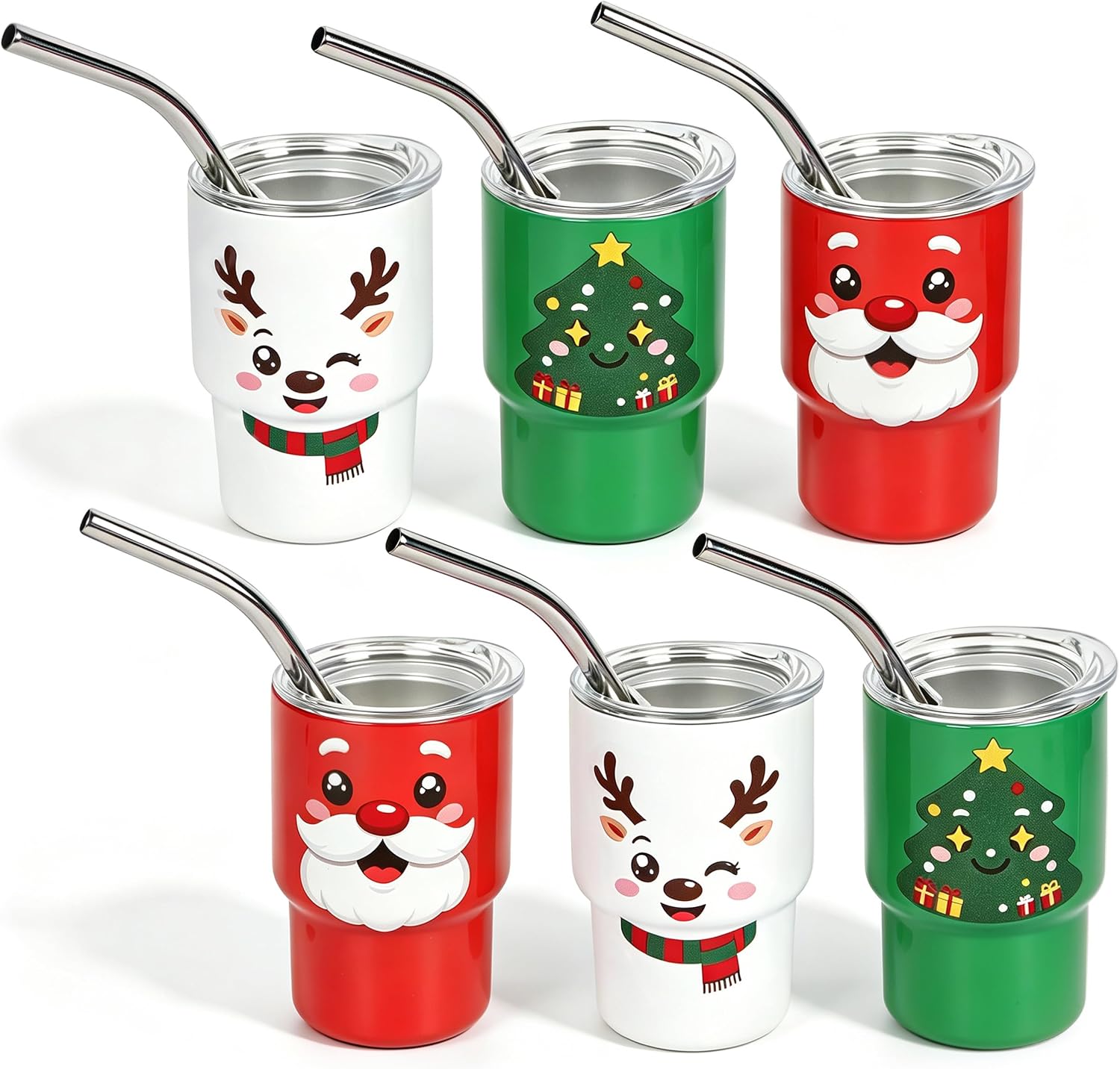 Christmas Mini Tumbler 6 Pack,3oz Shot Glasses with Lids and Straws