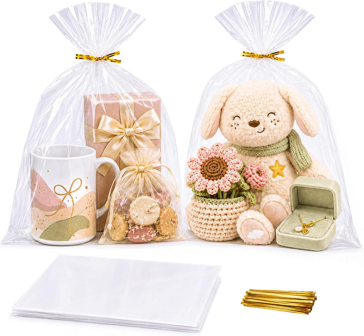 Clear Cellophane Gift Bags 100 Pack 10 x 14 in Treat Bags with Ties