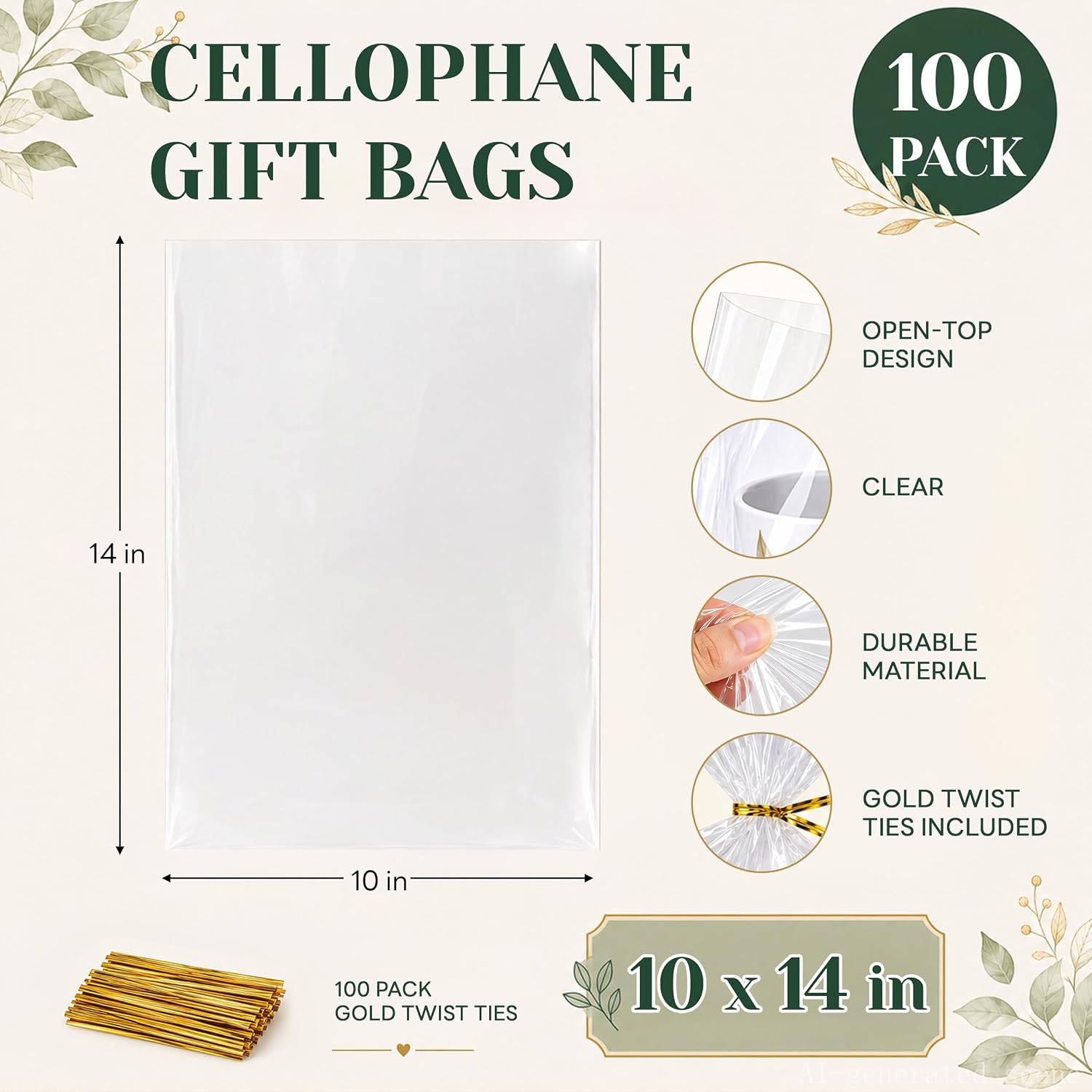 Clear Cellophane Gift Bags 100 Pack 10 x 14 in Treat Bags with Ties