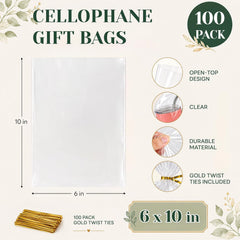 Clear Cellophane Gift Bags, 100 Pack 6 x 10 in with Ties