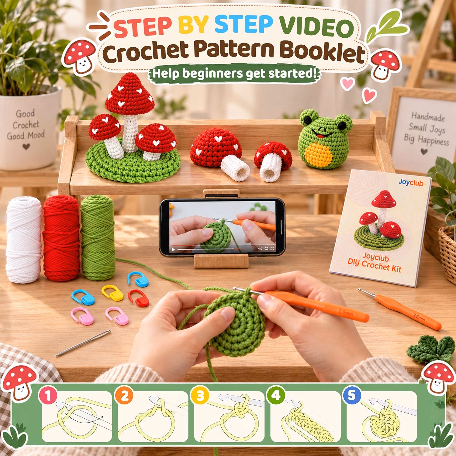 Crochet Kit for Beginners Mushroom Family with Video for Adults