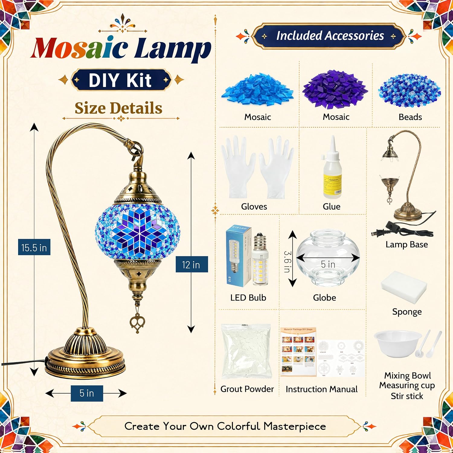 Joyclub DIY Turkish Mosaic Lamp Kit for Adults, Beginner Friendly, Blue