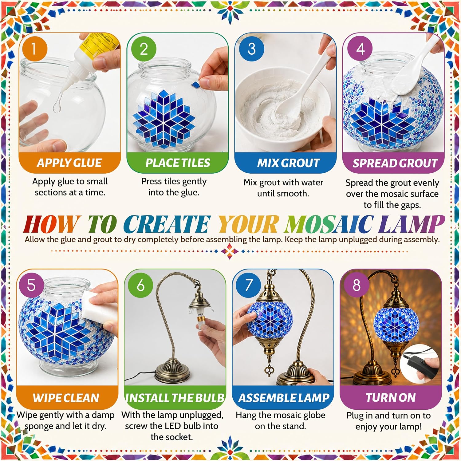 Joyclub DIY Turkish Mosaic Lamp Kit for Adults, Beginner Friendly, Blue