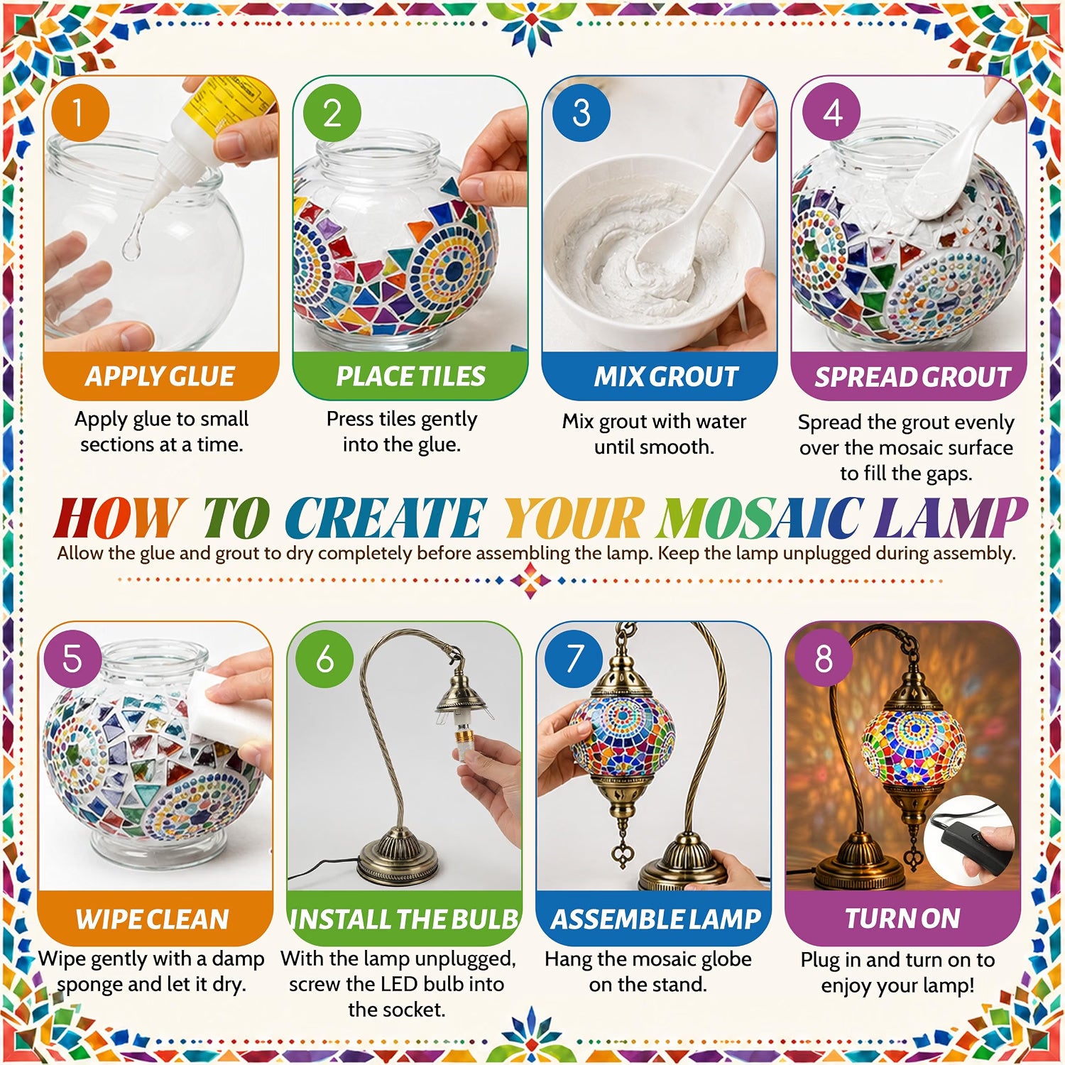 Joyclub DIY Turkish Mosaic Lamp Kit for Adults, Beginner Friendly Colorful