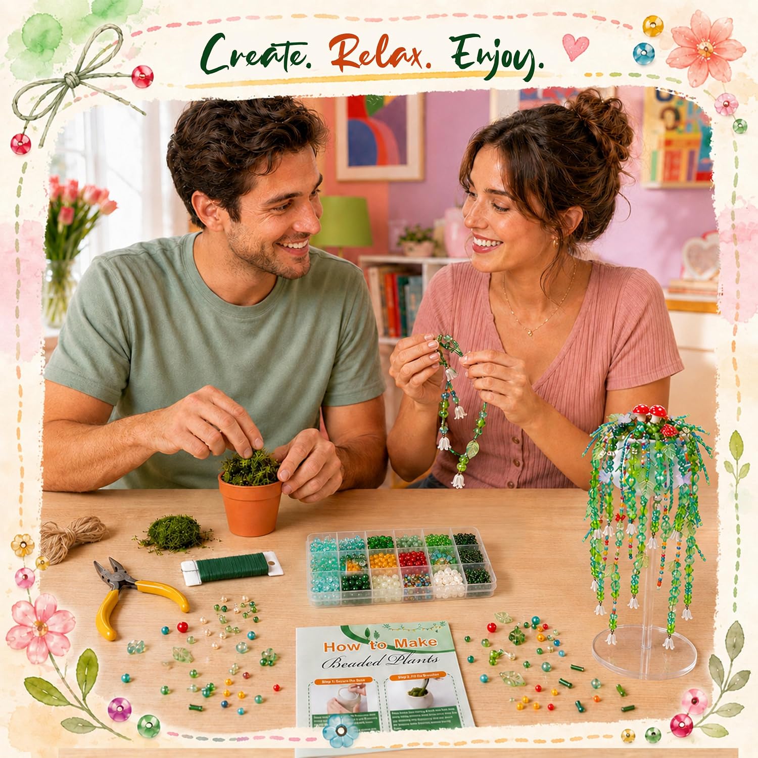 Beaded Plant Kit Fake Plants with Crystal Beads and Instruction