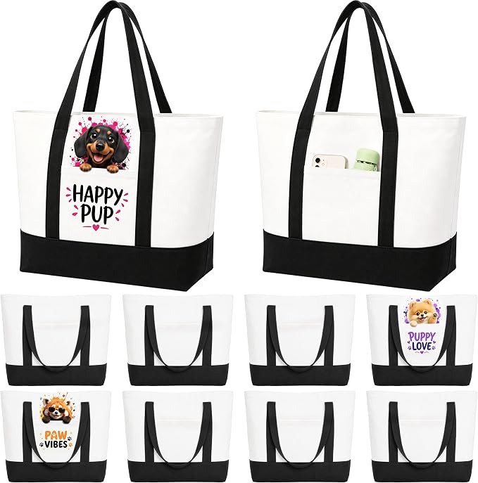 10 PCS Large Canvas Tote Bags Bulk with Front Pocket 18.5 x 15 in - Black