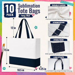 10 Pack Large Canvas Tote Bags Bulk for Daily Use Group Team - Blue