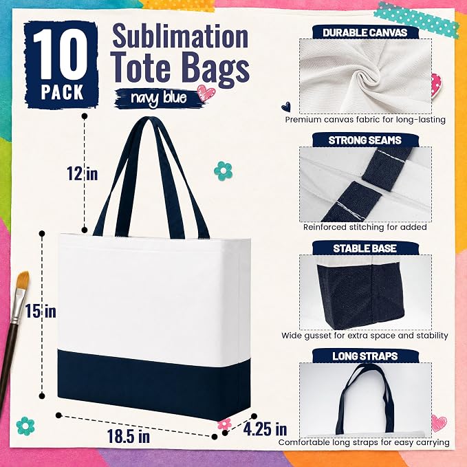 10 Pack Large Canvas Tote Bags Bulk for Daily Use Group Team - Blue