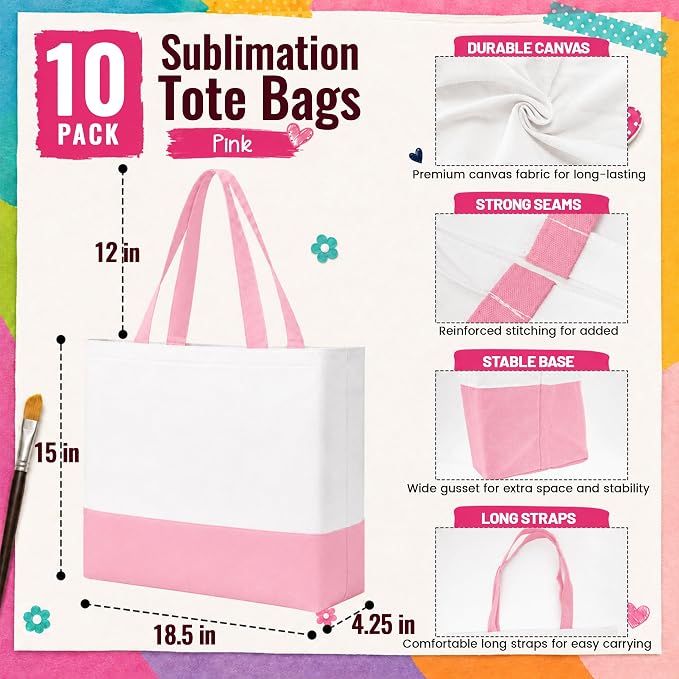 10 Pack Large Canvas Tote Bags Bulk for Daily Use Group Team - Pink
