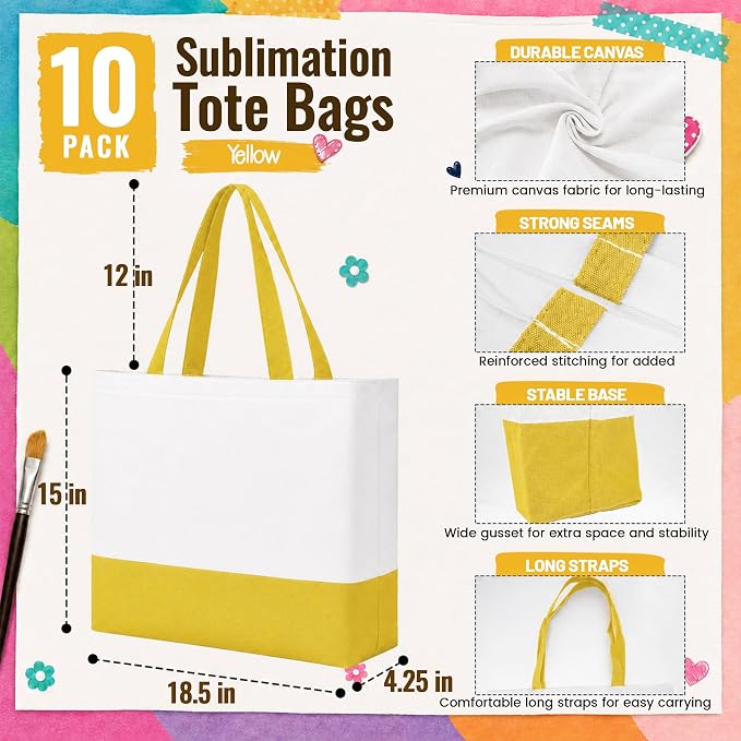 10 Pack Large Canvas Tote Bags Bulk for Daily Use Team - Yellow