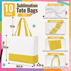 10 Pack Large Canvas Tote Bags Bulk for Daily Use Team - Yellow