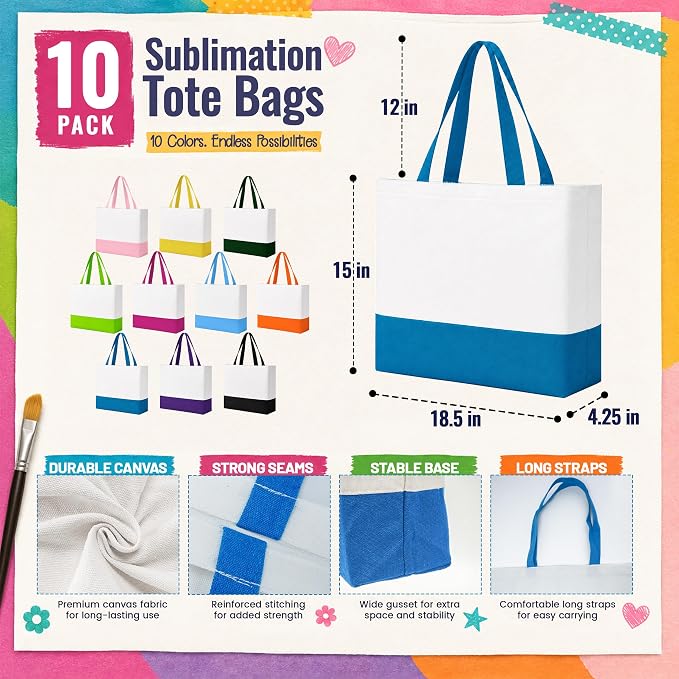 10 Pack Large Canvas Tote Bags Bulk for Daily Use Team - Colorful