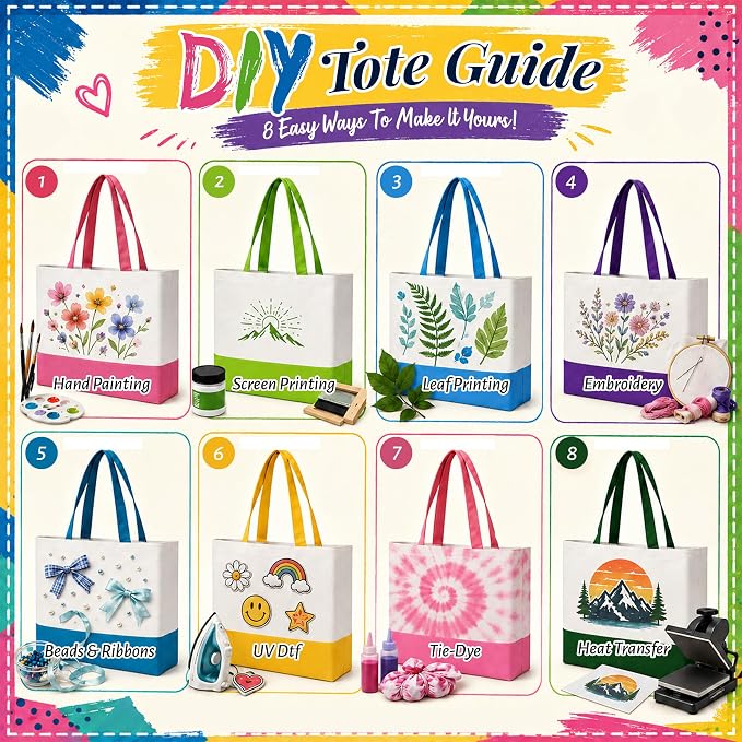 10 Pack Large Canvas Tote Bags Bulk for Daily Use Team - Colorful