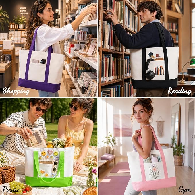 10 PCS Large Canvas Tote Bags Bulk with Front Pocket 18.5 x 15 in - Colorful