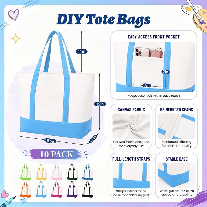 10 PCS Large Canvas Tote Bags Bulk with Front Pocket 18.5 x 15 in - Colorful