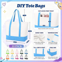 10 PCS Large Canvas Tote Bags Bulk with Front Pocket 18.5 x 15 in - Colorful