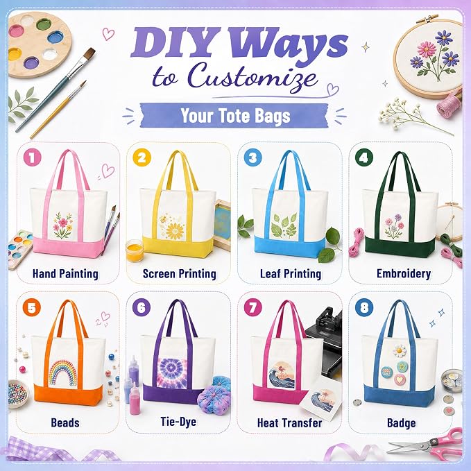 10 PCS Large Canvas Tote Bags Bulk with Front Pocket 18.5 x 15 in - Colorful