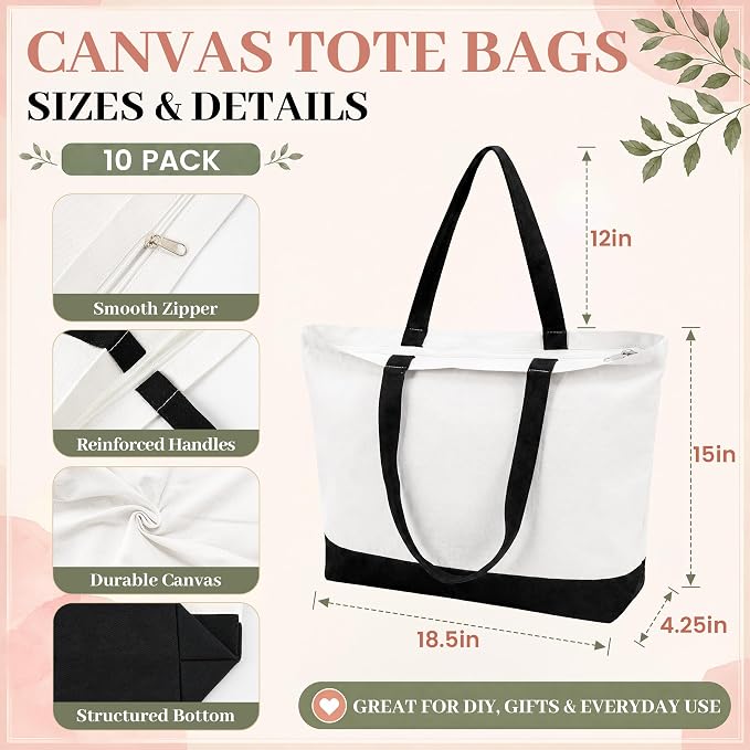 10 Pack Large Canvas Tote Bags with Zipper for DIY 18.5 x 15 x 4 in