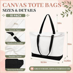 10 Pack Large Canvas Tote Bags with Zipper for DIY 18.5 x 15 x 4 in