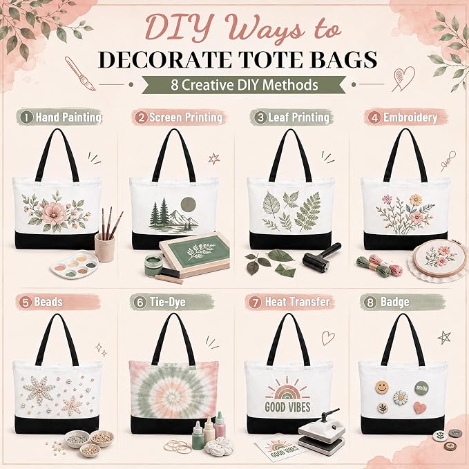 10 Pack Large Canvas Tote Bags with Zipper for DIY 18.5 x 15 x 4 in