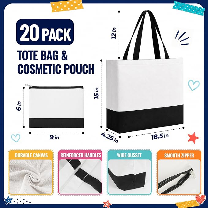 20 Pack Large Canvas Tote Bags wtih Makeup Bags for Daily Use DIY - Black