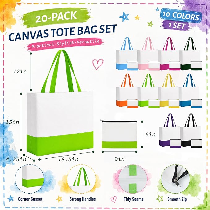 20 Pack Large Canvas Tote Bags wtih Makeup Bags for Daily Use DIY – Multicolor