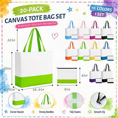 20 Pack Large Canvas Tote Bags wtih Makeup Bags for Daily Use DIY – Multicolor
