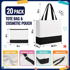 20 Pack Large Canvas Tote Bags wtih Makeup Bags for Daily Use DIY - Black