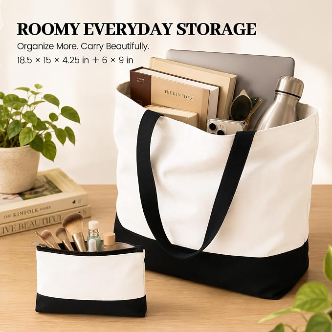 20 Pack Large Canvas Tote Bags wtih Makeup Bags for Daily Use DIY - Black