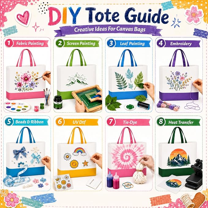 20 Pack Large Canvas Tote Bags wtih Makeup Bags for Daily Use DIY – Multicolor