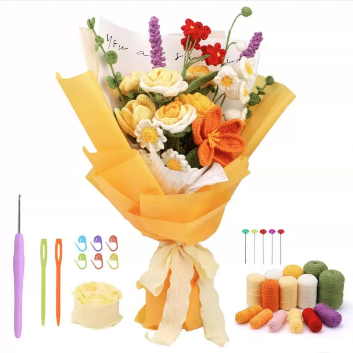 Crochet Kit for Beginners – DIY Rose Crochet Set, Starter Knitting Kit for Adults and Kids
