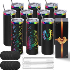 10 Pack 20 oz Rainbow Engraving Tumblers – Stainless Steel Skinny Straight Tumblers