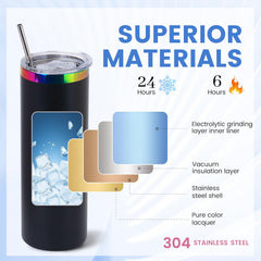 10 Pack 20 oz Rainbow Engraving Tumblers – Stainless Steel Skinny Straight Tumblers