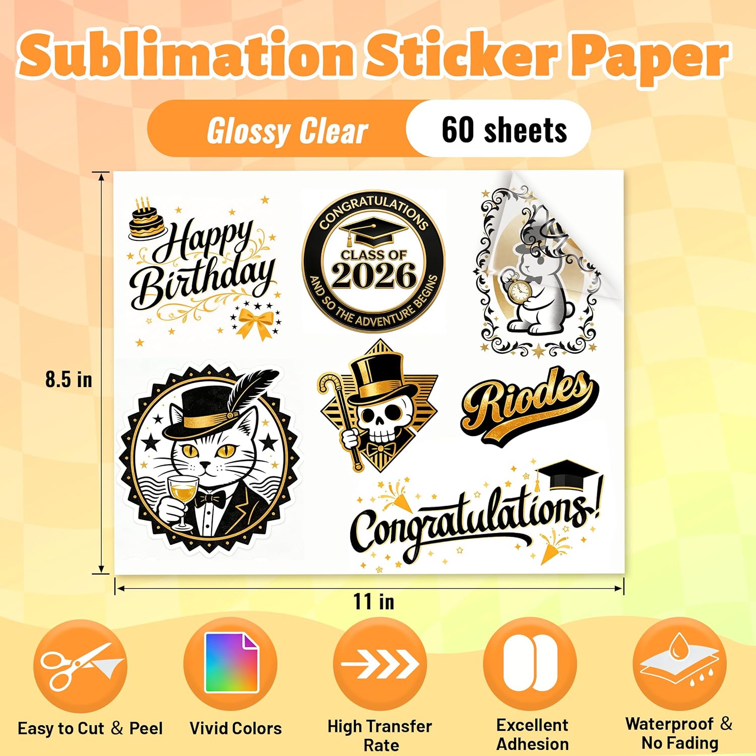 Transparent Sublimation Sticker Paper – 8.5×11 Glossy Waterproof Vinyl (60 Sheets)