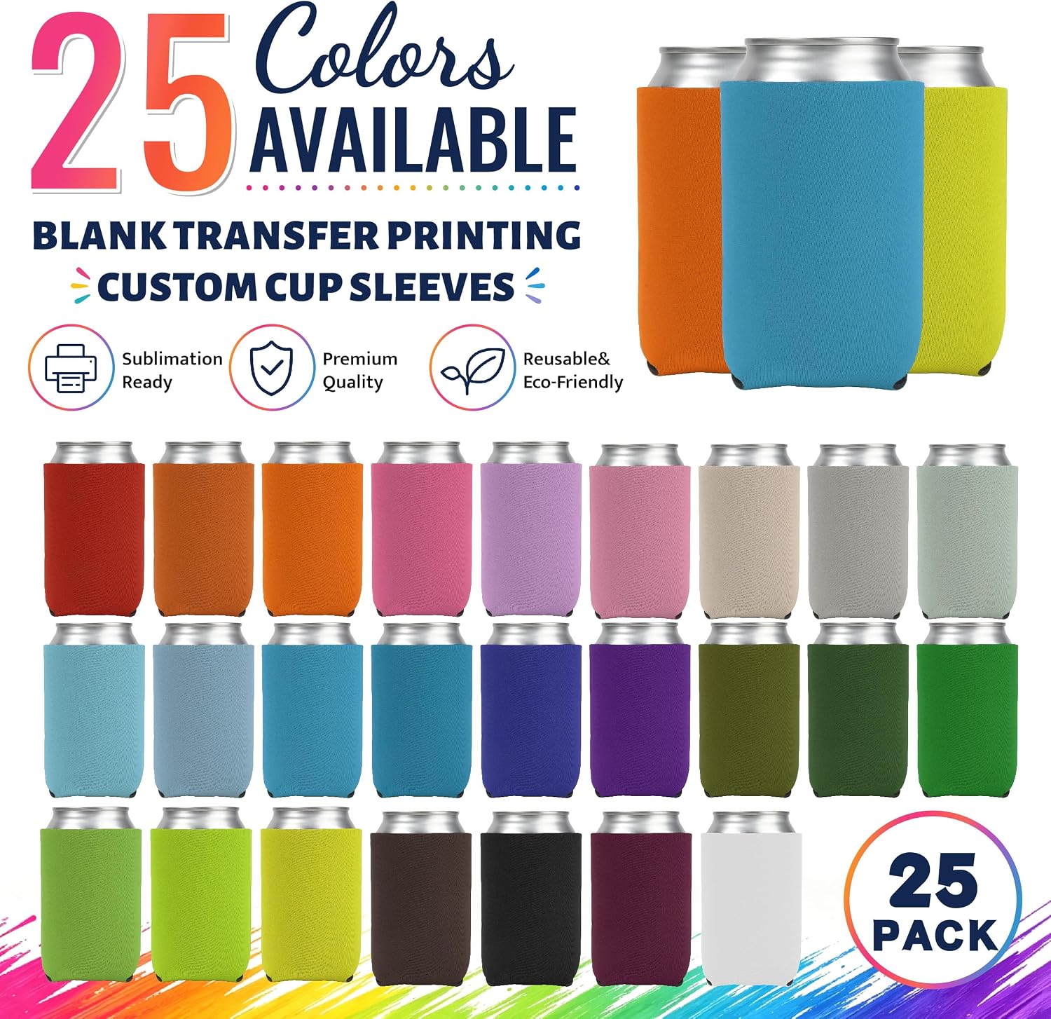 25 Pack Sublimation Beer Can Cooler Sleeves – 25 Colors Neoprene Blanks