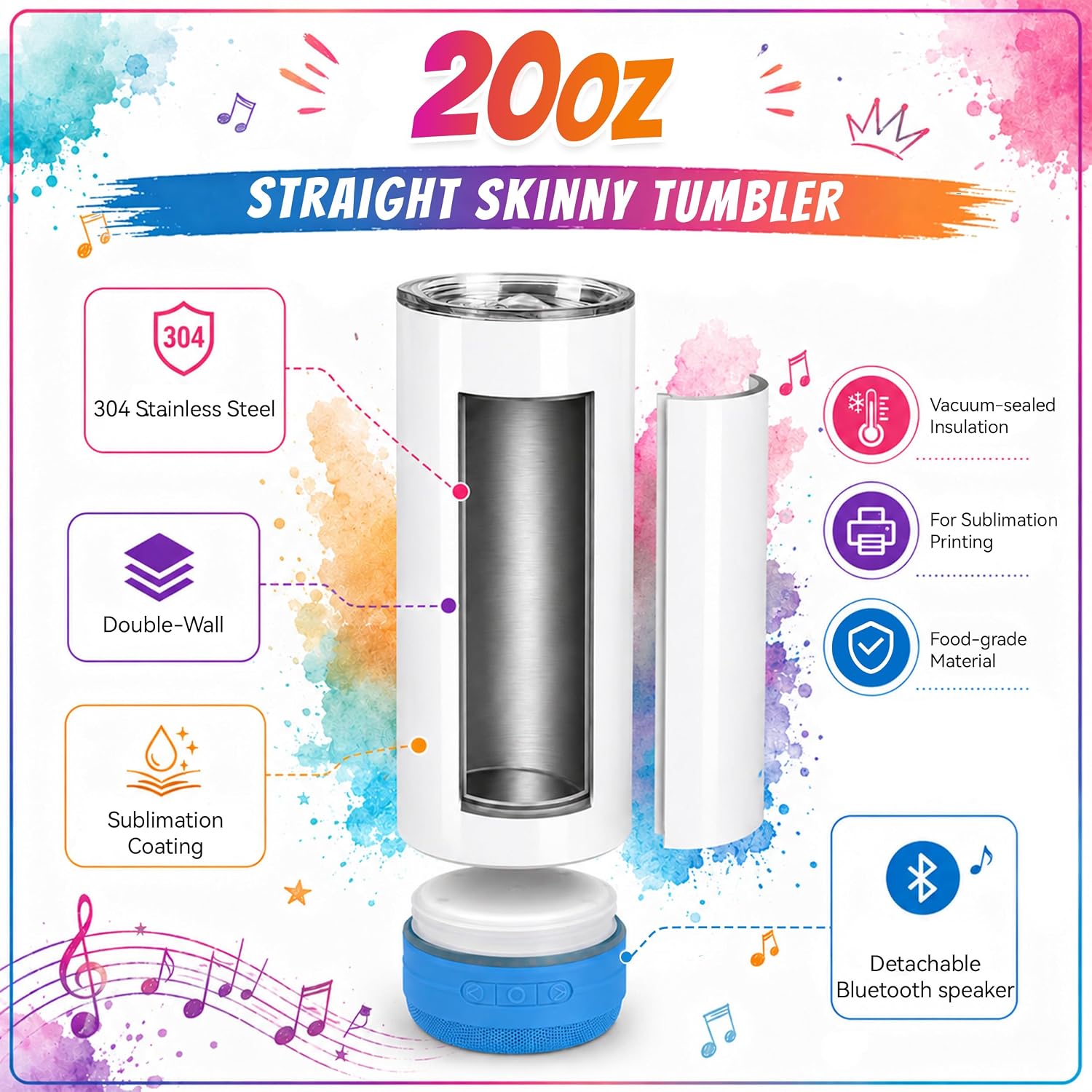 10 Pack 20oz Sublimation Bluetooth Speaker Tumblers - Colorful