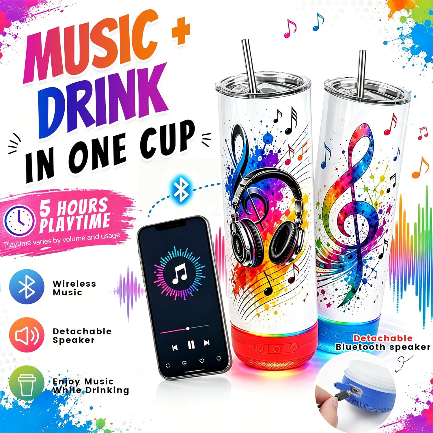 10 Pack 20oz Sublimation Bluetooth Speaker Tumblers - Colorful